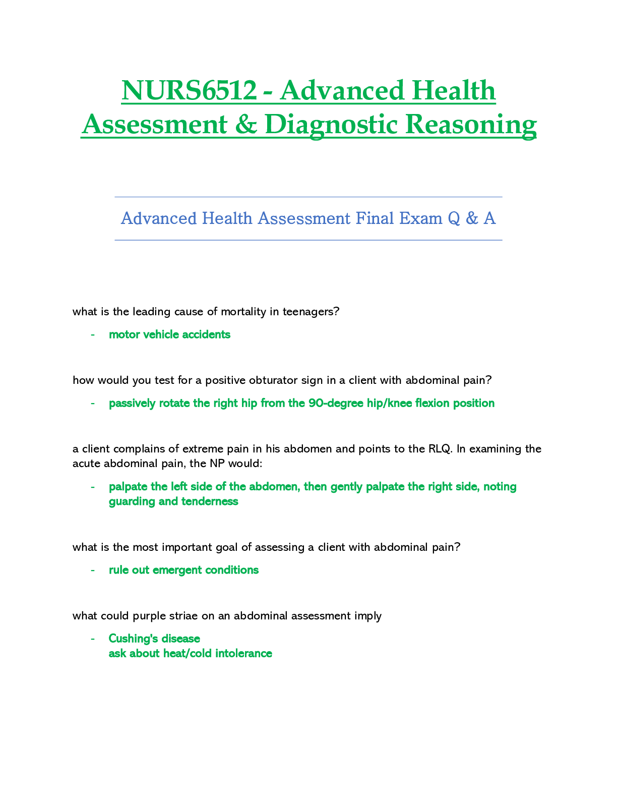 NURS 6512 Advanced Health Assessment and Diagnostic Reasoning  Final Exam- Walden University